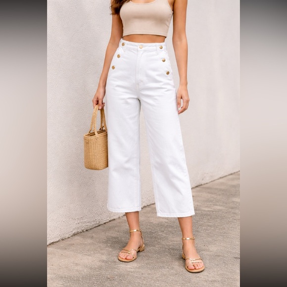 Zara Denim - Zara White Wide Leg Cropped Jeans High Rise Gold Button Sailor Size 6 Nautical